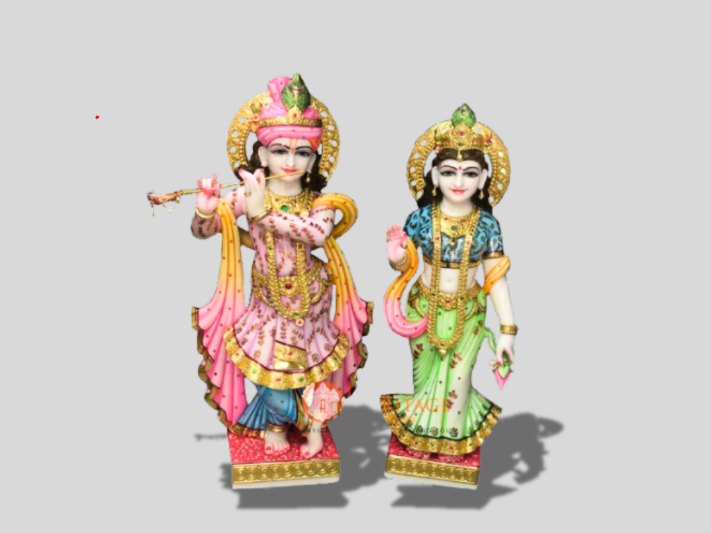 Hand Painted Marble Radha Krishna Divine Statue